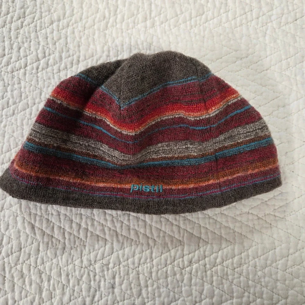 Pistil Mens Wool Blend Striped Fleece Lined Beanie Hat Brown Red Made in Italy